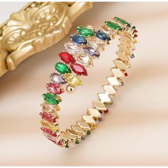 Gold Colorful Rhinestone Cuff Bracelet Cubic Zirconia Tennis Bracelets for Women - Picture 4 of 7
